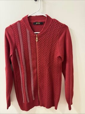 ANNA Red Zip-Front Cable Knit Cardigan with Studded Stripes